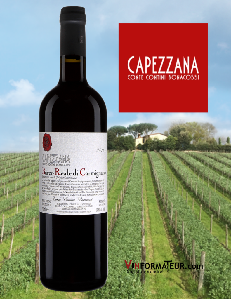 Bouteille de vin rouge bio Capezzana, Barco Reale di Carmignano 2017 avec vignoble en background