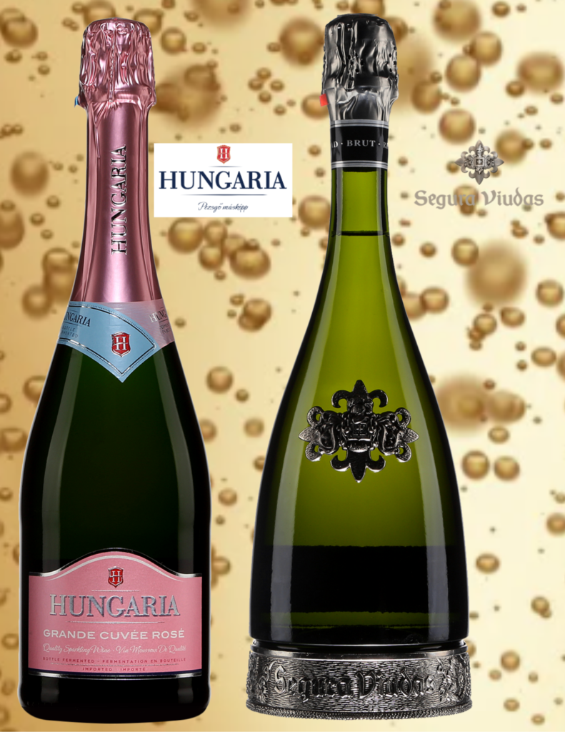 Deux bouteilles de vins effervescents le Hungaria rosé et le Segura Viudas Heredad