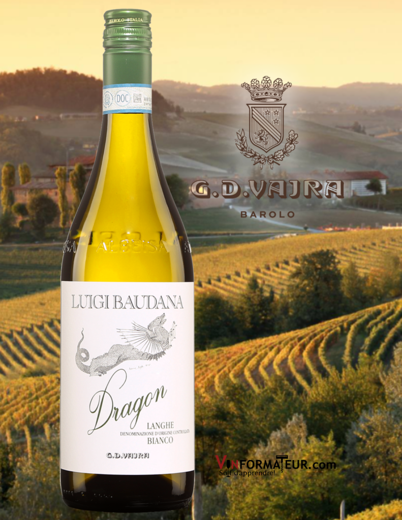 Bouteille G.D. Vajra, Dragon, Luigi Baudana, Italie, Piémont, Langhe DOC, vin blanc organique, 2019 avec le vignoble en arrière-plan