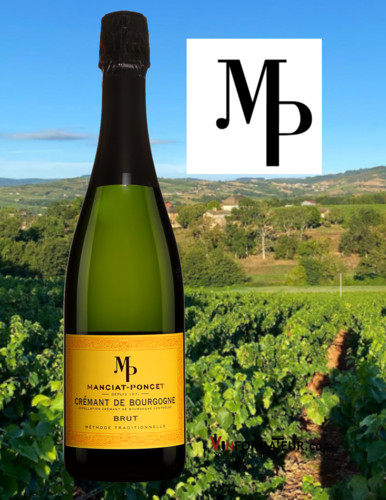 Bouteille du Domaine Manciat-Poncet, Crémant de Bourgogne, Brut avec vignoble en arrière-plan