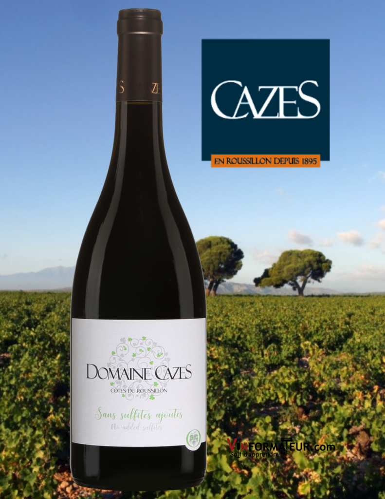Domaine Cazes, Côtes du Roussillon, Vin rouge biodynamie sans sulfites ajoutés, 2019 avec vignoble en arrière-plan