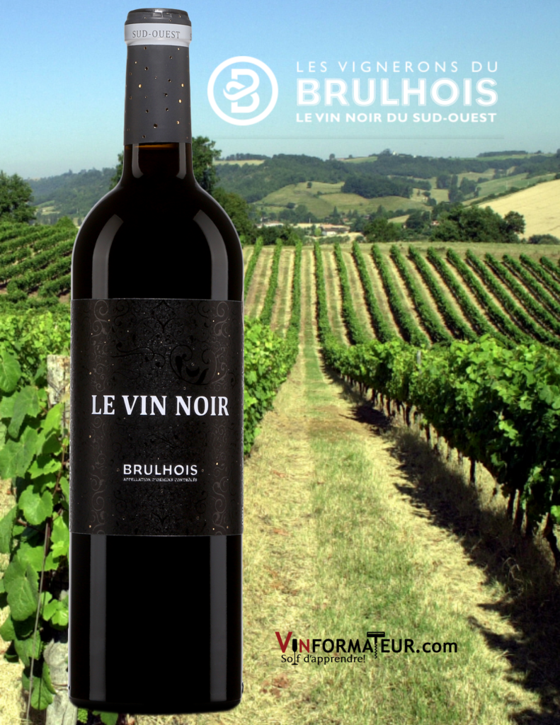 Bouteilles de Vin Noir Vignerons du Brulhois 2016 avec vignoble en arrière-plan