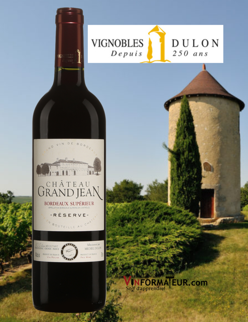 Bouteille de Château Grand Jean, France, Bordeaux, Bordeaux Supérieur, Réserve, 2018 avec vignobles en arrière-plan
