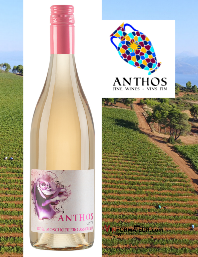 Bouteille de vin Anthos, Moschofilero, Assyrtiko, Grèce, Vin Rosé Demi Sec, 2019