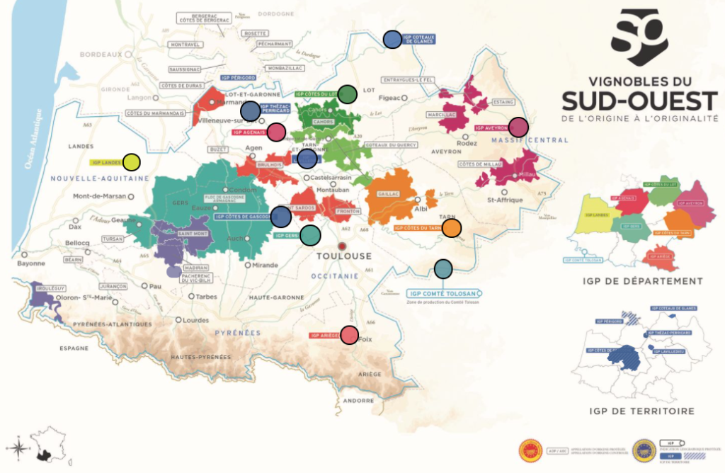 Carte vinicole du Sud-Ouest de la France
