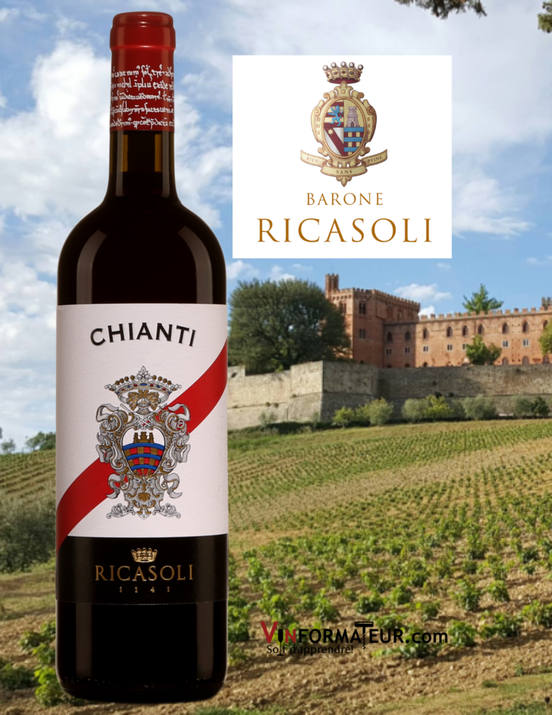 bouteille de Barone Ricasoli, Chianti Classico DOCG, 2019 avec Château de Brolio en arrière-plan