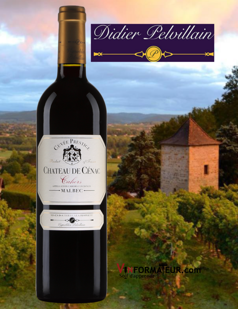 bouteille de Château de Cénac, Cuvée Prestige, France, Cahors, Vignobles Pelvillain Frères, 2015 avec vignoble en arrière-plan