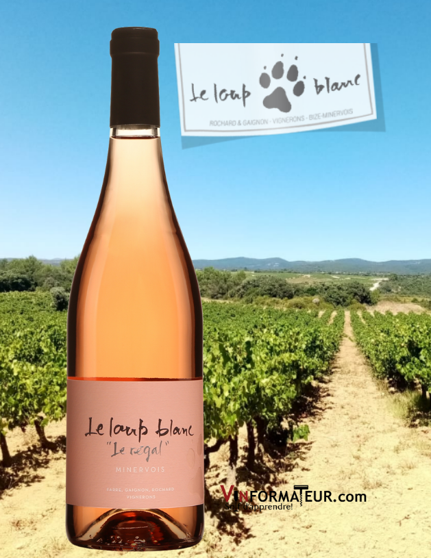 Bouteille de Le Loup Blanc, Le Régal, France, Languedoc-Roussillon, Minervois, vin rosé bio, 2020 avec vignoble en arrière-plan