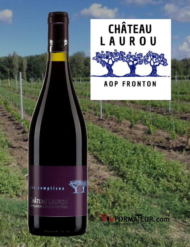 Bouteille de Les Complices, Château Laurou, France, Sud-Ouest, Fronton AOC, vin rouge bio, 2018 avec vignoble en arrière-plan