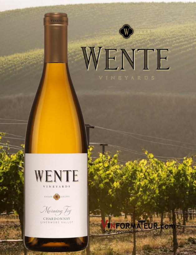 Bouteille de Wente, Morning Fog, Chardonnay, Californie, Livermore Valley, 2019 avec vignobles en arrière-plan