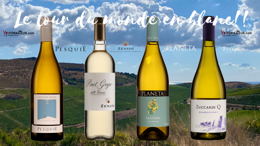 Quatre bouteilles de vins blancs Pesquié blanc, Pinot Grigio Zenato, Planeta Alastro, Zuccardi Q Chardonnay