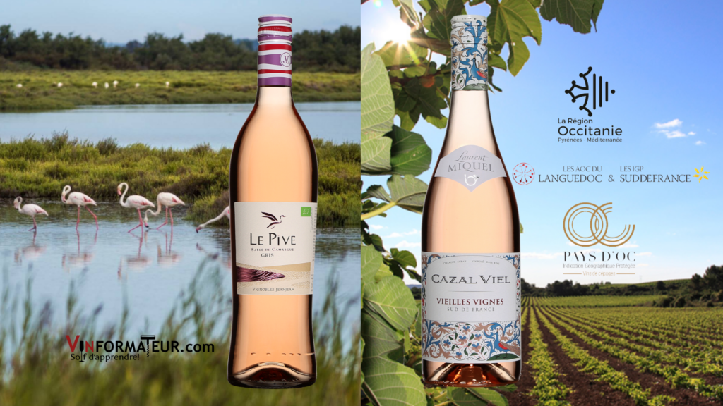 2 bouteilles de vins rosés de l'Occitanie - Le Pive Gris, Sable de Camargue 2020 et le Cazal Viel, Vieilles Vignes 2020