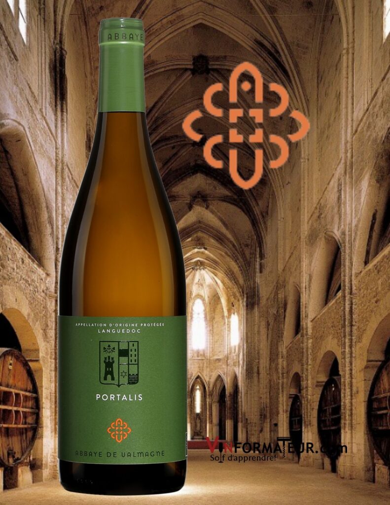 Bouteille de Portalis, Abbaye de Valmagne, France, Languedoc, vin blanc bio, 2019 et abbaye