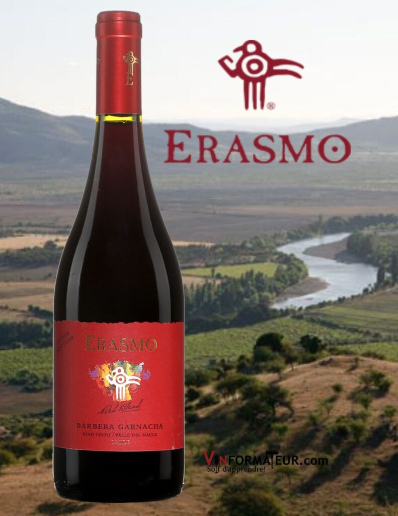 Bouteille de Erasmo, Barbera Garnacha, Chili, Vallée de la Maule, Vina La Reserva de Caliboro, vin rouge bio, 2017 et vignobles