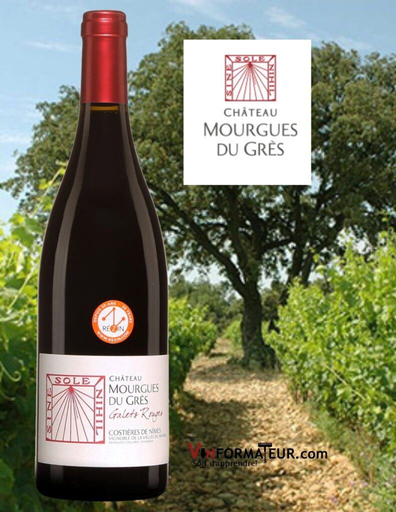 BOuteille de Château Mourgues du Grès, Galets Rouges, Vallée du Rhône, Costières de Nîmes, vin rouge bio, 2020 et vignoble