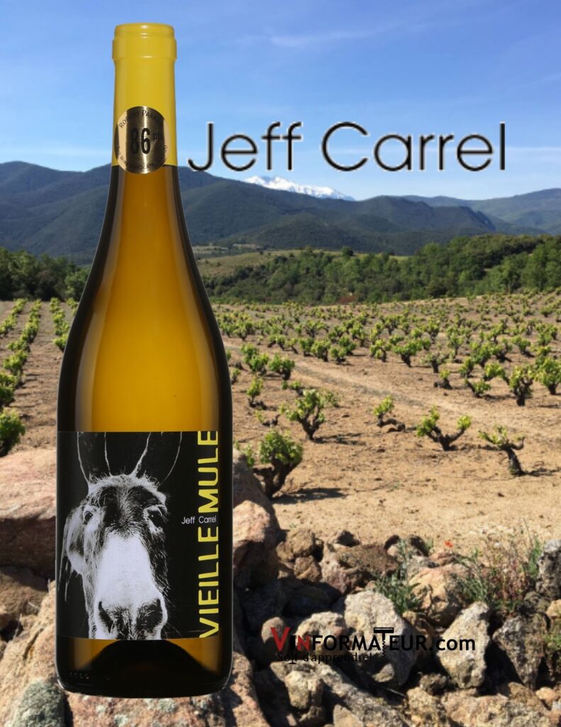 Bouteille de Vieille Mule, vin blanc, Languedoc-Roussillon, IGP Côtes Catalanes, Jeff Carrel, 2019 et vignobles