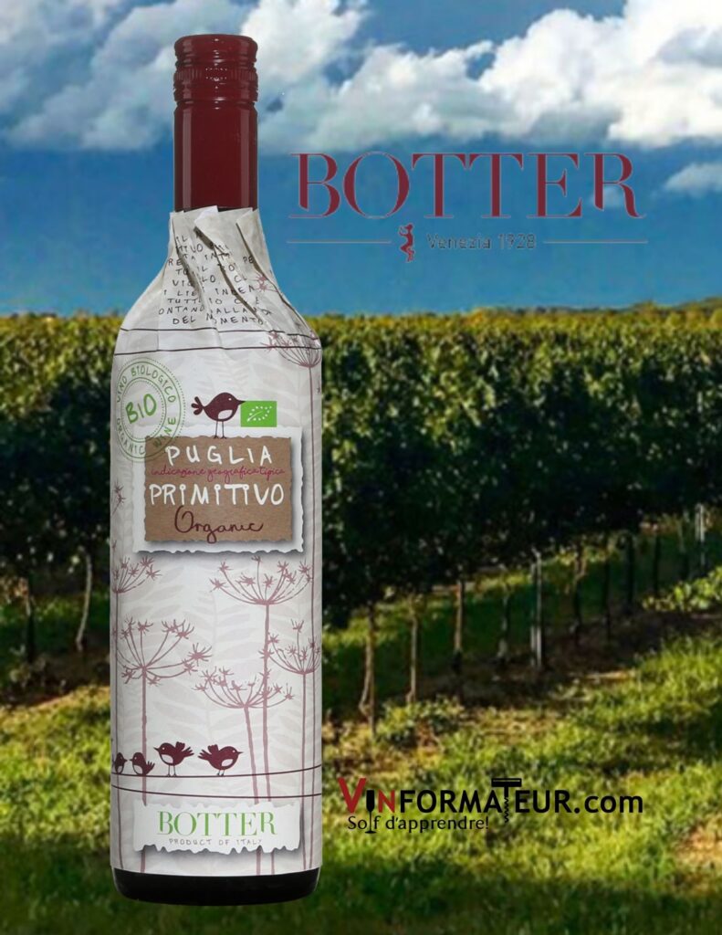 Bouteille de Botter, Uccellini, Primitivo, Italie, Pouilles, vin rouge bio, 2020