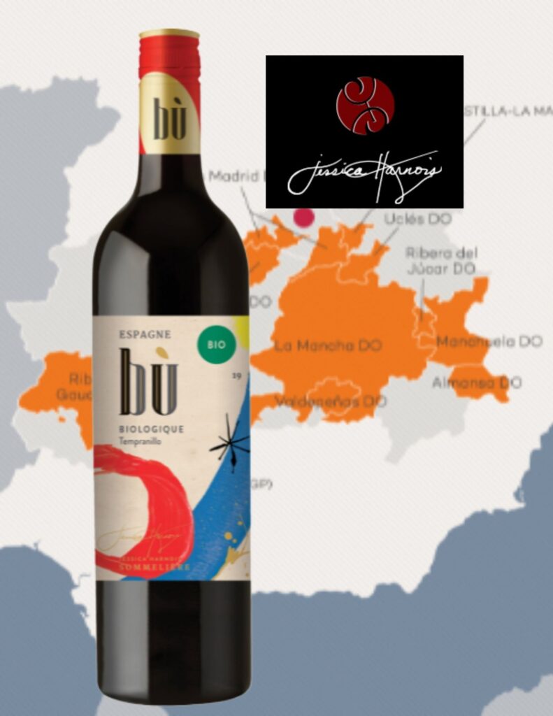 BOuteille de Bu, Tempranillo, Espagne, Castille La Mancha, vin rouge bio, 2019, carte de Castilla la Mancha