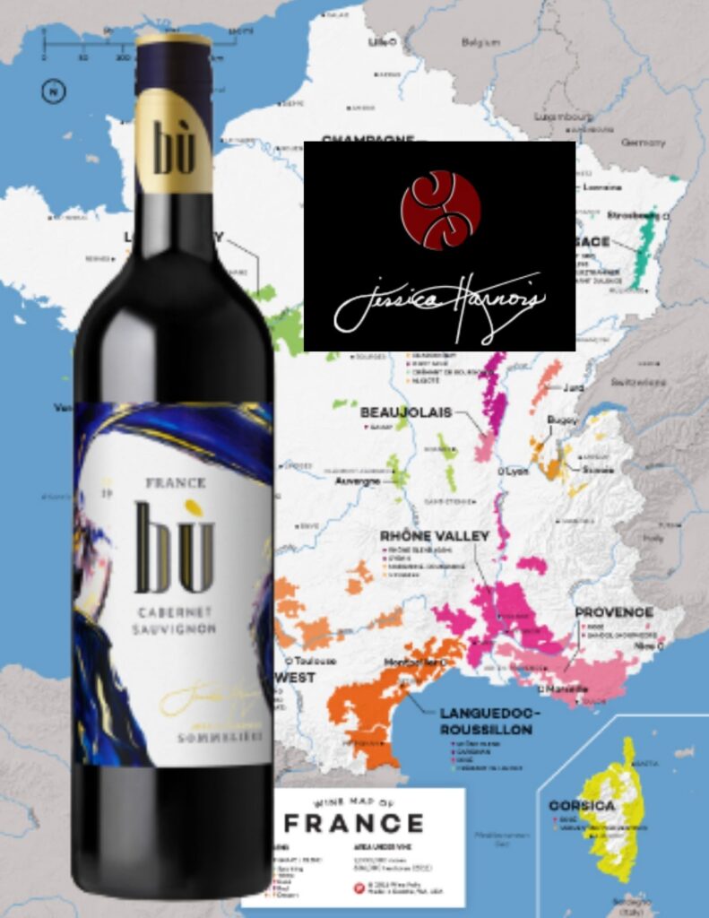 Bouteille de Bu, Cabernet-Sauvignon, France, vin rouge, 2019, carte de la France viticole