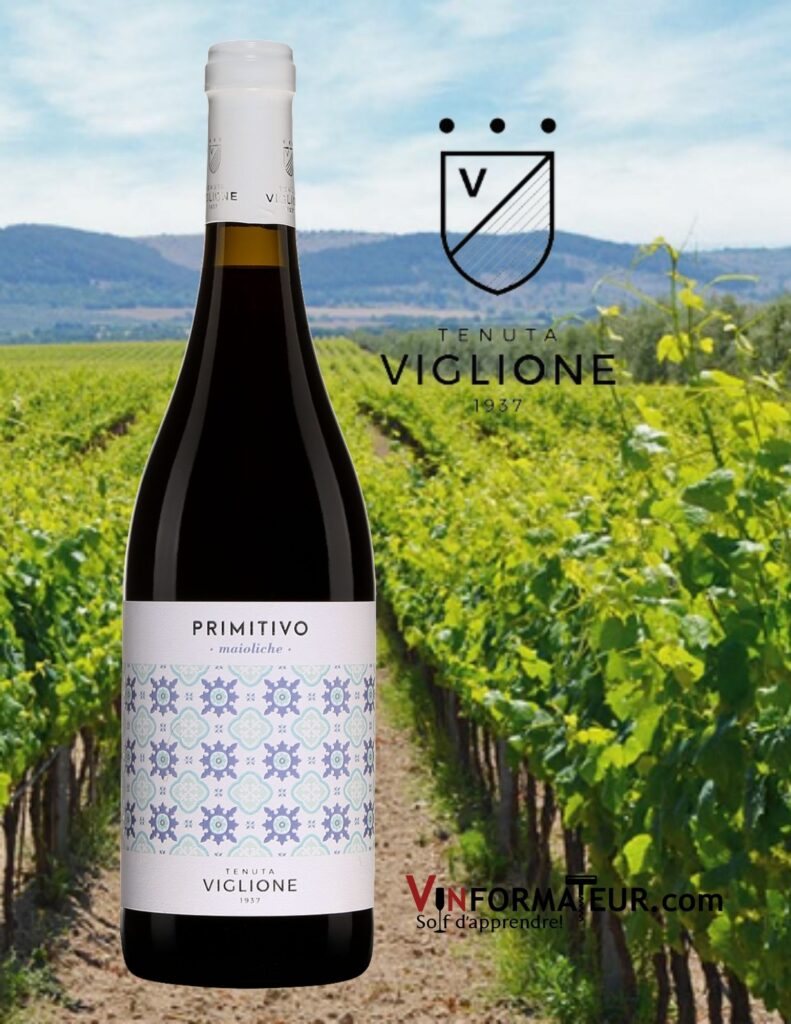 Bouteille de Primitivo, maioliche, Tenuta Viglione, Italie, Pouilles, vin rouge bio, 2019
