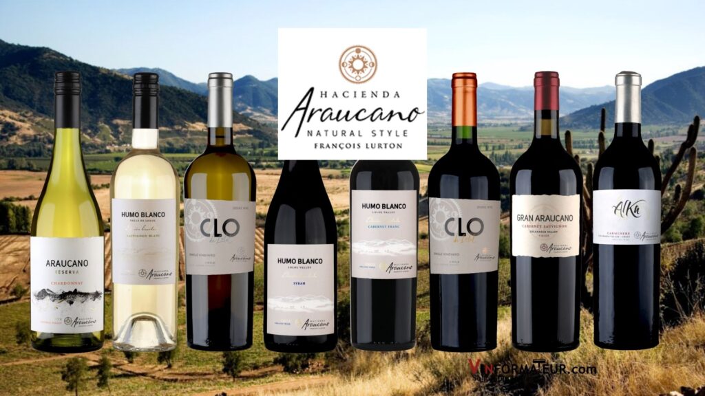 Bouteilles de Hacienda Araucano vins bio du Chili: Araucano Reserva Chardonnay, Humo Blanco: Sauvignon blanc, Syrah, Cabernet franc, Clos de Lolol: Tinto et Blanco, Gran Araucano, Alka.
