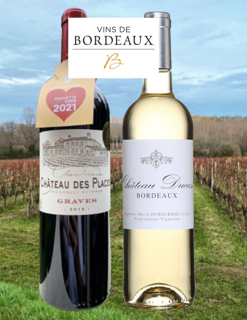 Bouteilles de Château Ducasse, Bordeaux, vin blanc, 2019, Château des Places, Bordeaux, Graves AOC, Vignobles Reynaud, 2018.