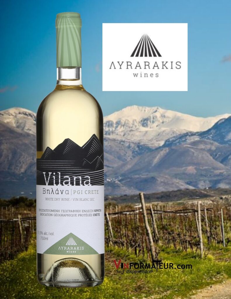 Bouteille de Vilana, Lyrarakis, vin blanc Vegan Grèce, Crète IGP, 202
