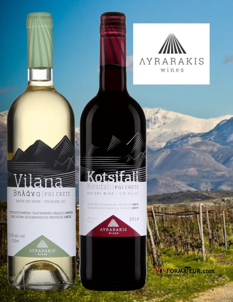 Bouteilles de Vins de la Crète: Vilana, Lyrarakis, vin blanc Vegan Grèce, Crète IGP, 2020, Kotsifali, Lyrarakis, vin rouge Vegan, Grèce, Crète IGP, 2019.