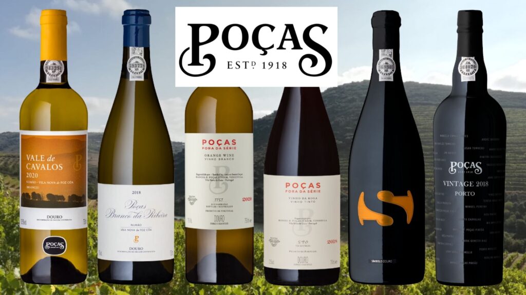 Bouteilles de Vins Poças: Vale de Cavalos 2020, Branca da Ribeira 2019, Fora da Série Orange 2020, Fora da Série Vinho da Roga 2019, Simbolo 2016, Porto Vintage 2018.