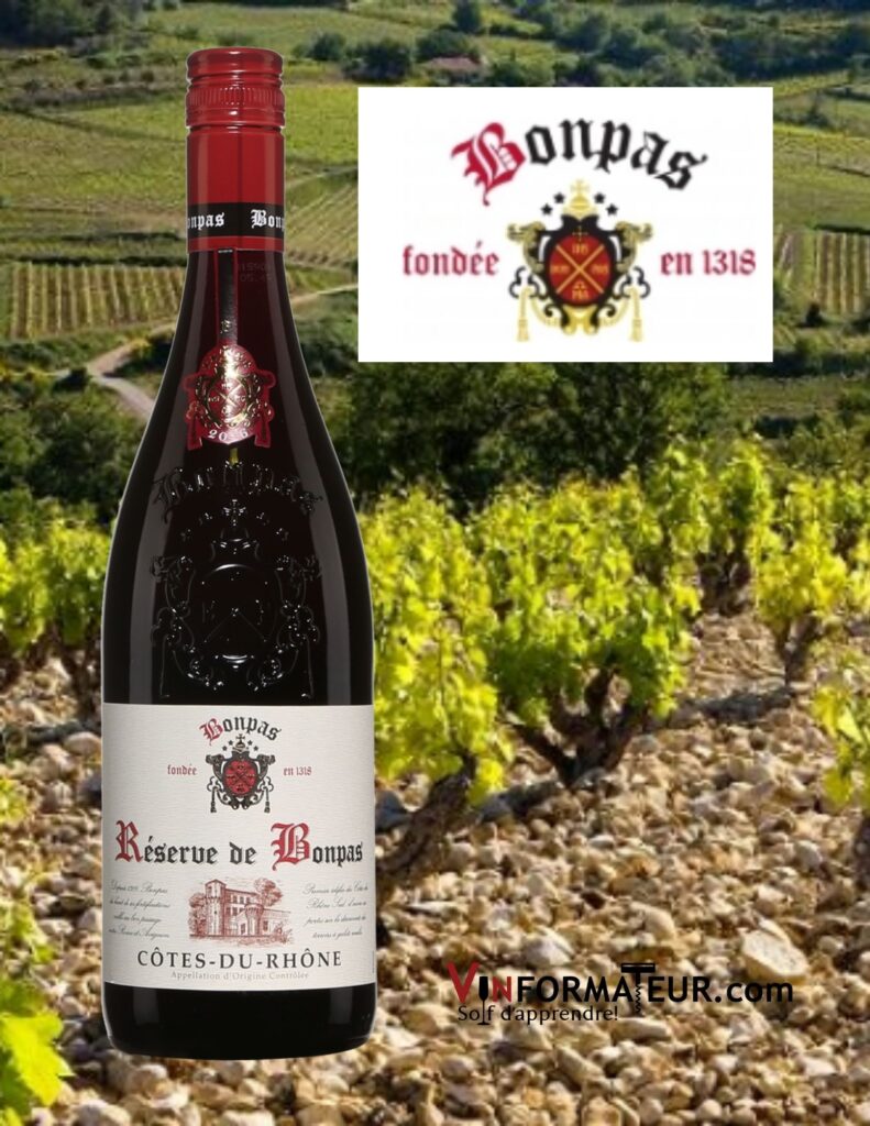 Bouteille de Bonpas, Réserve de Bonpas, AOC Côtes du Rhône, vin rouge, 2020