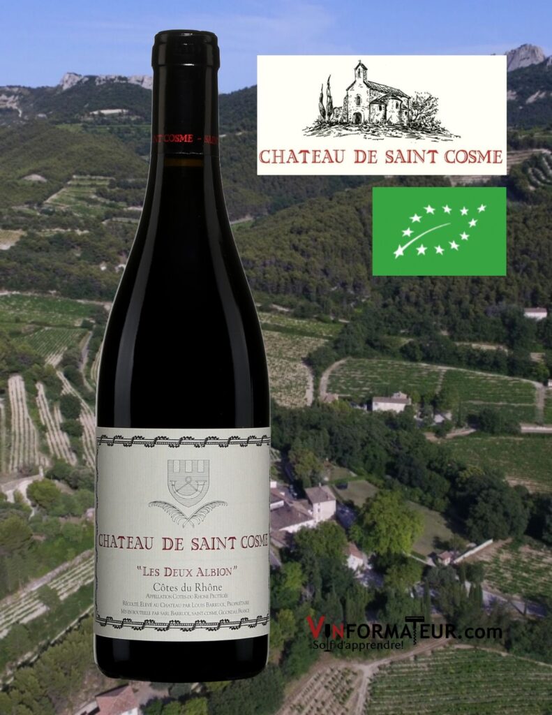 Bouteille de Château Saint-Cosme, Les Deux Albions, AOP Côtes du Rhône, vin rouge bio, 2019