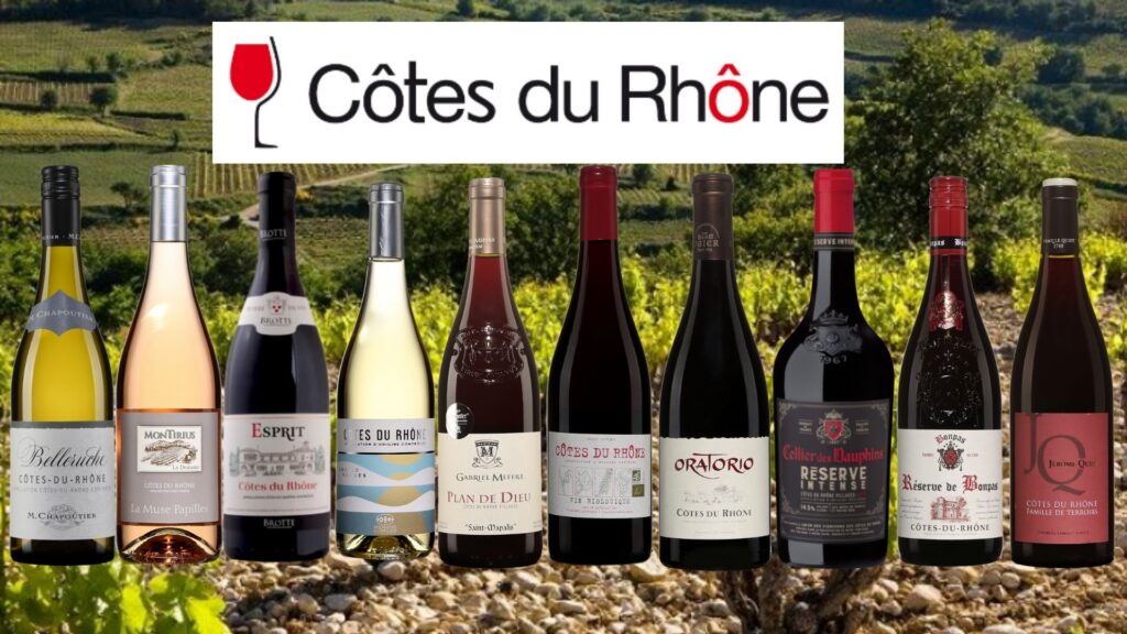 Bouteilles de Vins des Côtes du Rhône: Chapoutier Belleruche, Montirius, Brotte Esprit, Chasse Nuages, Meffre Saint Mapalis, Oratorio, Cellier des Dauphins, Bonpas, Famille Quiot.