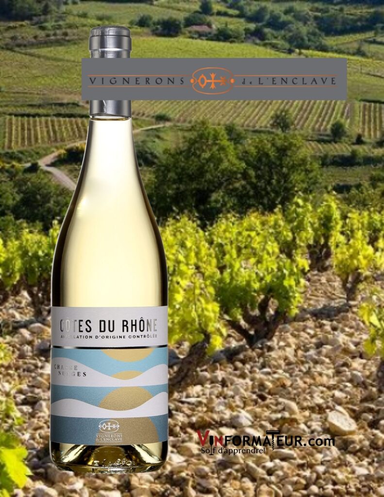 Bouteille de Vignerons de l’Enclave, Chasse Nuages, AOC Côtes du Rhône, vin blanc, 2019