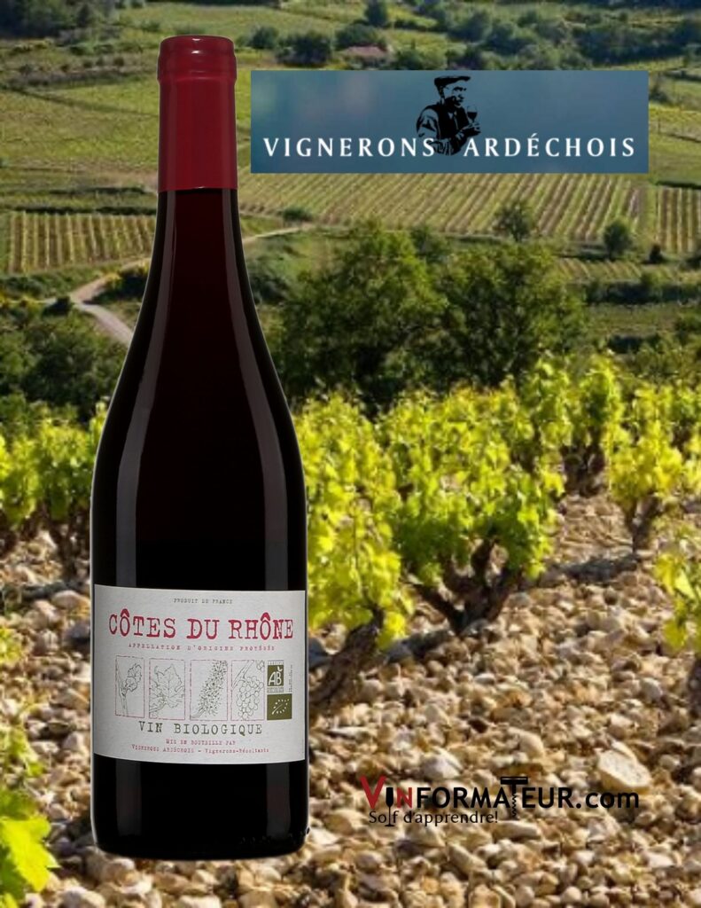 Bouteille de Vignerons Ardéchois, vin rouge bio, AOC Côtes du Rhône, 2019