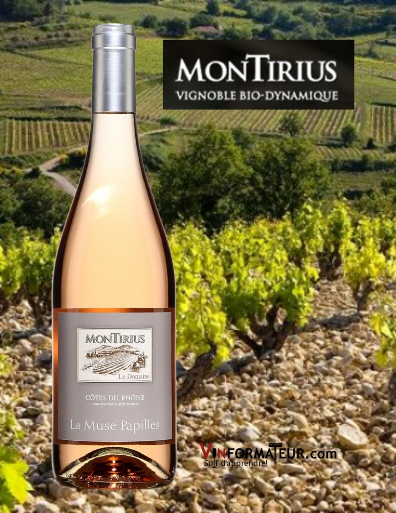 Bouteille de Domaine Montirius, La Muse Papilles, AOC Côtes du Rhône, vin rosé, 2020