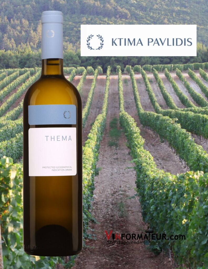 Bouteille de Thema, Sauvignon blanc et Assyrtiko, Grèce, Macédoine, vin blanc, 2020