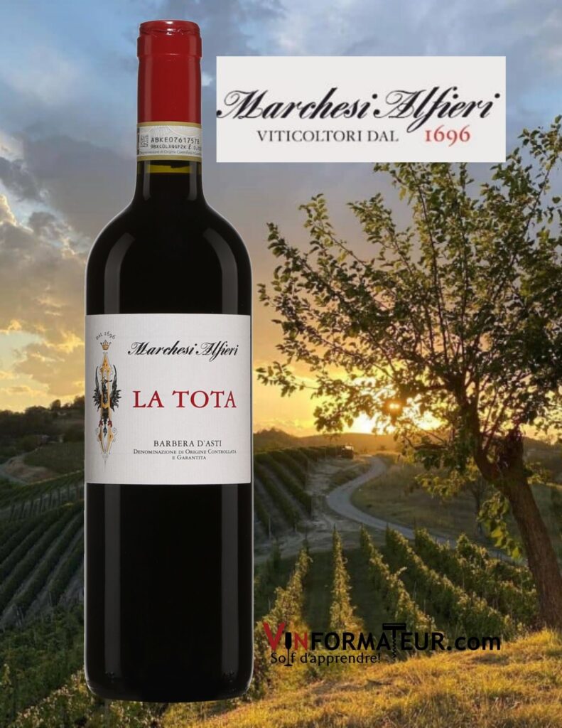 Bouteille de La Tota, Italie, Piémont, Barbera d’Asti, Azienda Agricola Marchesi Alfieri, vin rouge, 2019