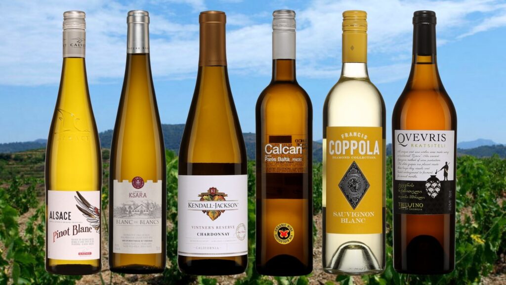 Bouteilles de Vins blancs St-Valentin: Pinot blanc Calvet 2020, Château Ksara Blanc de blancs 2020, Calcari Pares Balta 2020, Sauvignon blanc Diamond 2020, Chardonnay Kendal-Jackson, Tbilvino vin orange 2020.