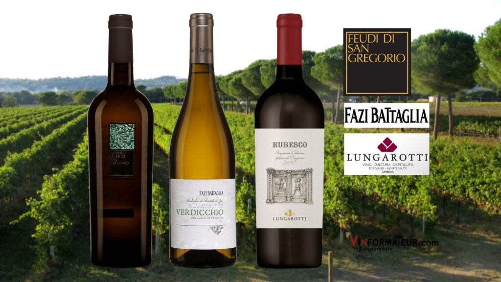 Trois Bouteilles de vins italiens: Albente Feudi di San Gregorio, Fazi Battaglia Verdicchio 2020, Rubesco Lungarotti 2018.