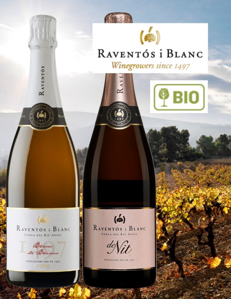 Bouteilles de Vins effervescents bio Raventos i Blanc: Blanc de Blancs, Extra Brut, 2018, 24,70$, De Nit, Rosé, Extra Brut, Espagne, 2018, 29,55$.