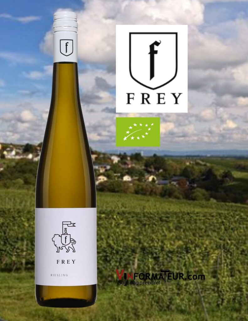 Bouteille de Frey, Riesling, Allemagne, Rheinhessen, Qualitatswein bestimmter Anbaugebiete (QbA),Weingut Frey, vin blanc bio, 2020