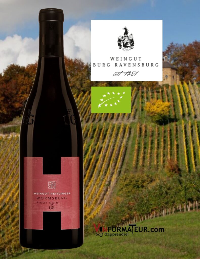 Bouteille de Pinot Noir, Trocken, Wormsberg, Weingut Heitlinger, Allemagne, Qualitatswein QbA, Grosses Gewächs,vin rouge bio, 2016
