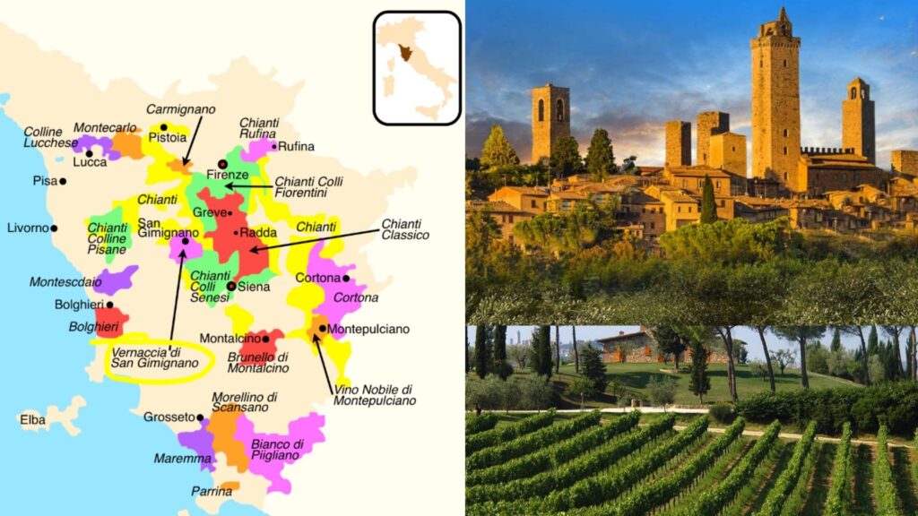 Carte viticole Toscane et Vernaccia di San Gimignano: source: Quentin Sadler 2011, village de San Gimignano, vignobles de Mormoraia. 