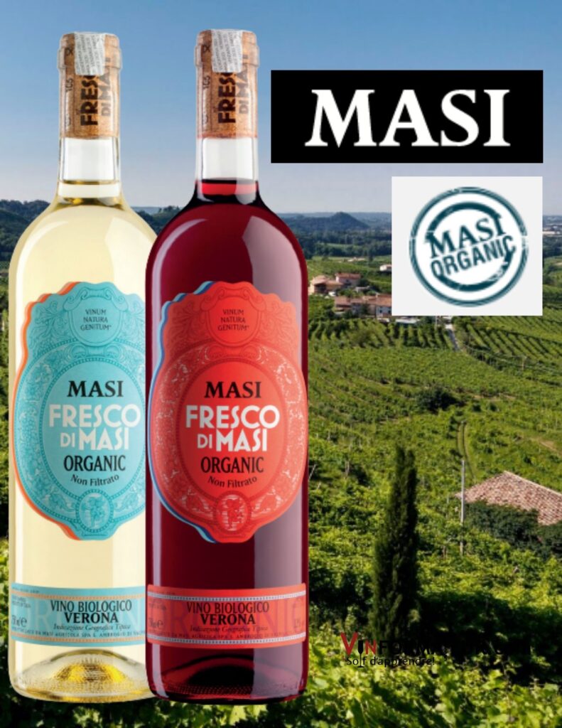 Bouteilles de Fresco di Masi: vin rouge, bio et vegan, 2021, 18,50$, Corvina, Merlot, vin blanc, bio et vegan, 2021, 19,95$, Garganega, Chardonnay, Pinot Grigio.