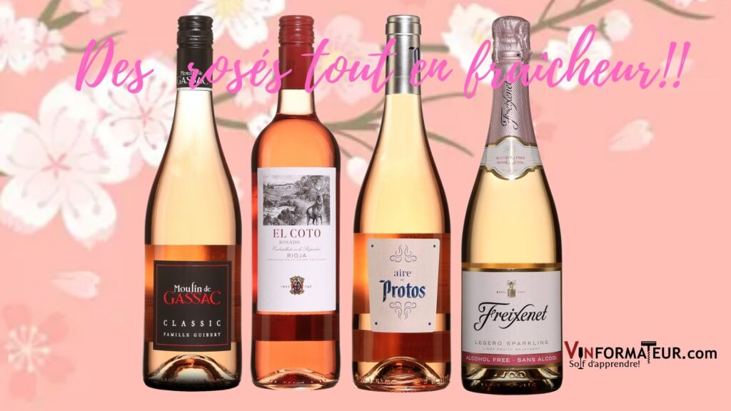 BOuteilles de Vins rosés: Moulin de Gassac, Classic, Languedoc, 2020, El Coto, Rosado, Rioja, 2020, Aire de Protos, Cigales, Espagne, 2020, Freixenet Legero.