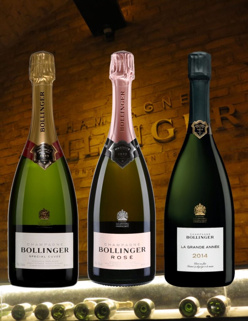 Bouteilles de Champagne Bollinger Spéciale Cuvée Brut, Rosé Brut, La Grande Année 2014 Brut