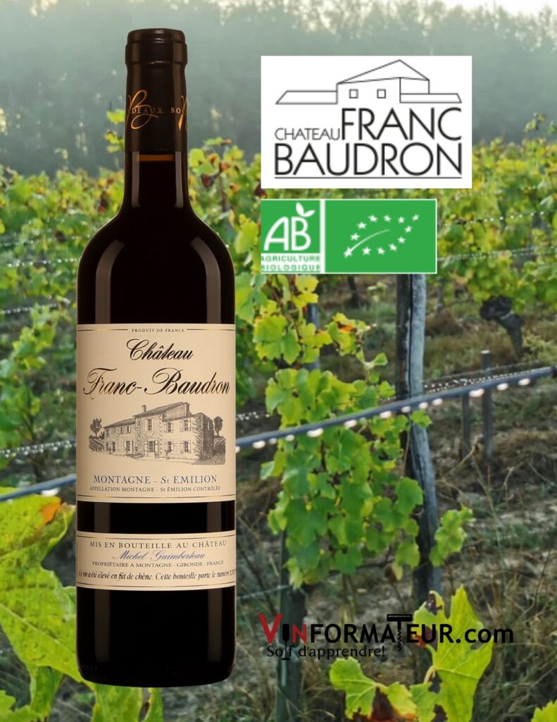 Bouteille de Château Franc-Baudron, France, Bordeaux, Montagne-St-Émilion, vin rouge bio, 2016