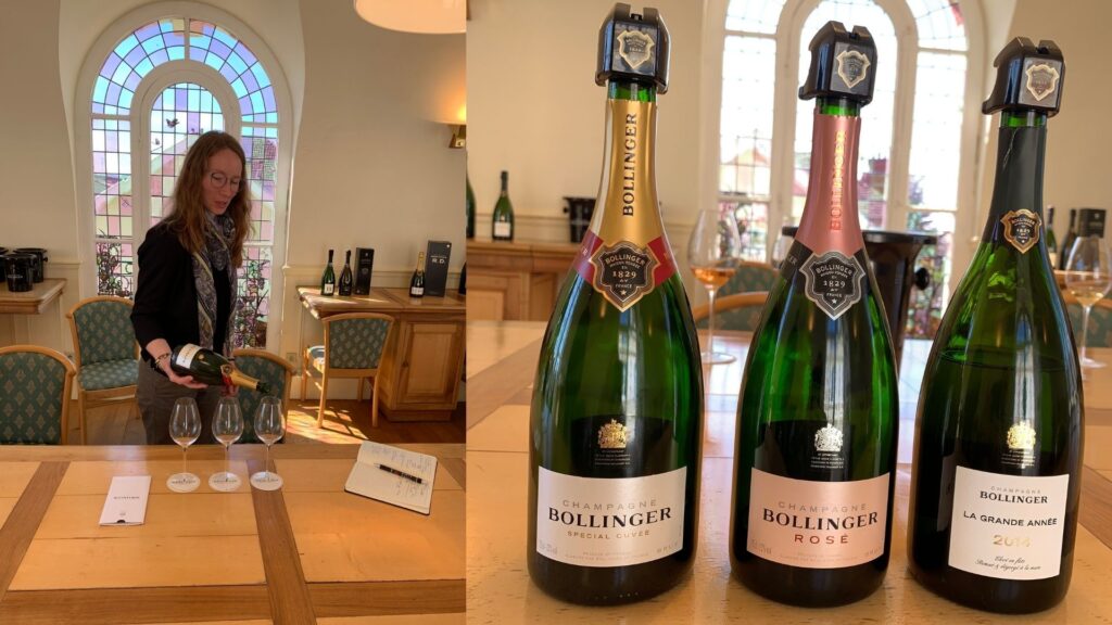 Salles de dégustation Champagne Bollinger: Emeline Bigot et bouteilles de champagne