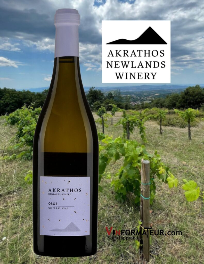 Bouteille de Oros, Assyrtiko, Sauvignon blanc, Grèce, Macédoine, Halkidiki, Akrathos Winery, vin blanc bio, 2019