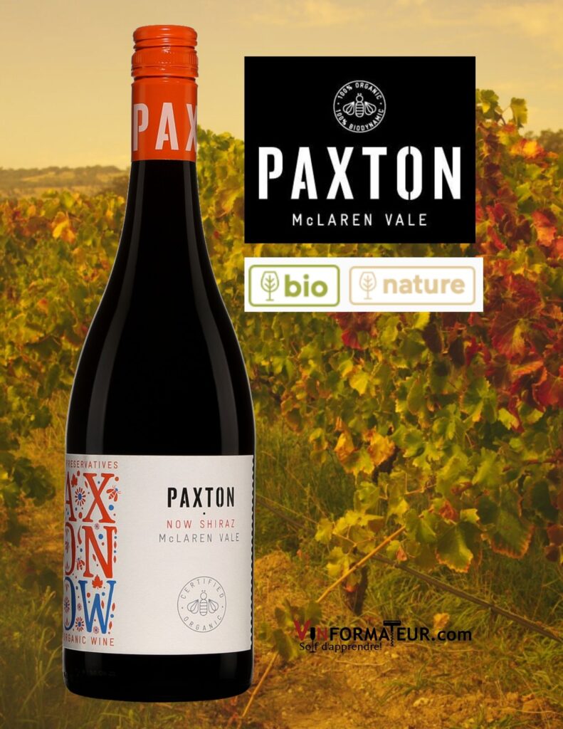 Bouteille de Paxton Now, Shiraz, Australie, McLaren Vale, vin rouge bio et nature, 2021